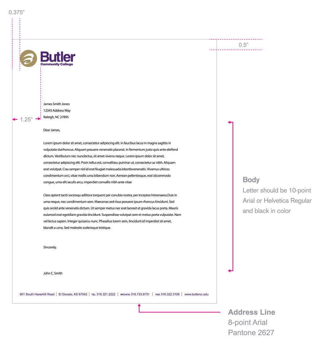 Letterhead Example: Body - Letter should be 10-point Arial or Helvetica Regular and black in color; Address Line - 8-point Arial, Pantone 2627